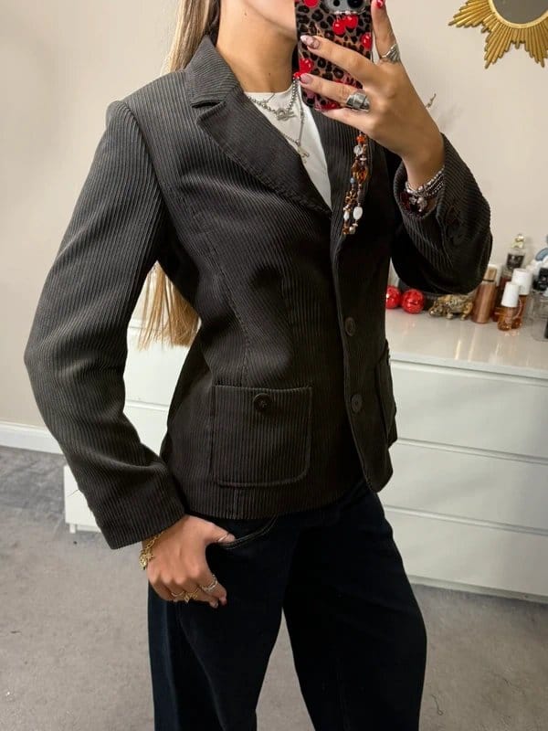 Klass Y2K Grey Black Corduroy Fitted Blazer