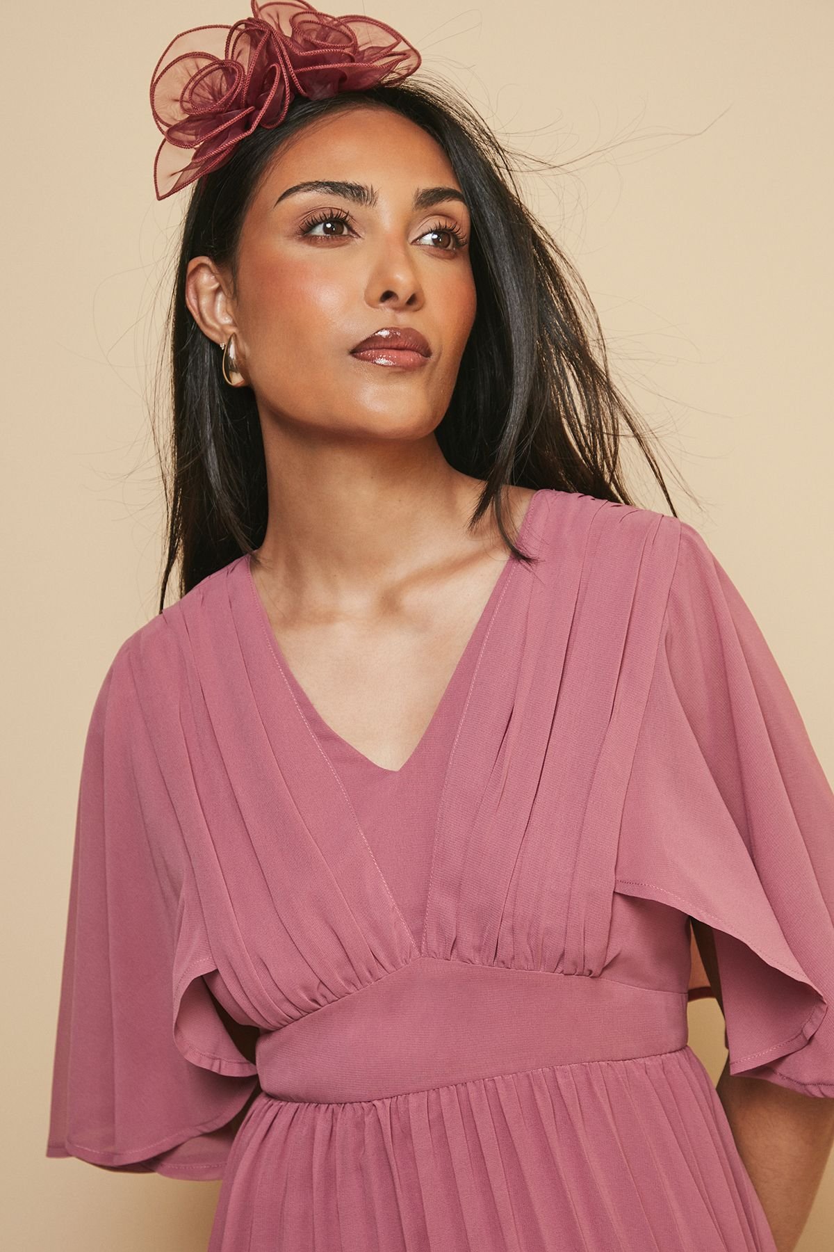 Wallis Wallis Women's Petite Pleated Cape Sleeve Midi Dress in Rose - 3