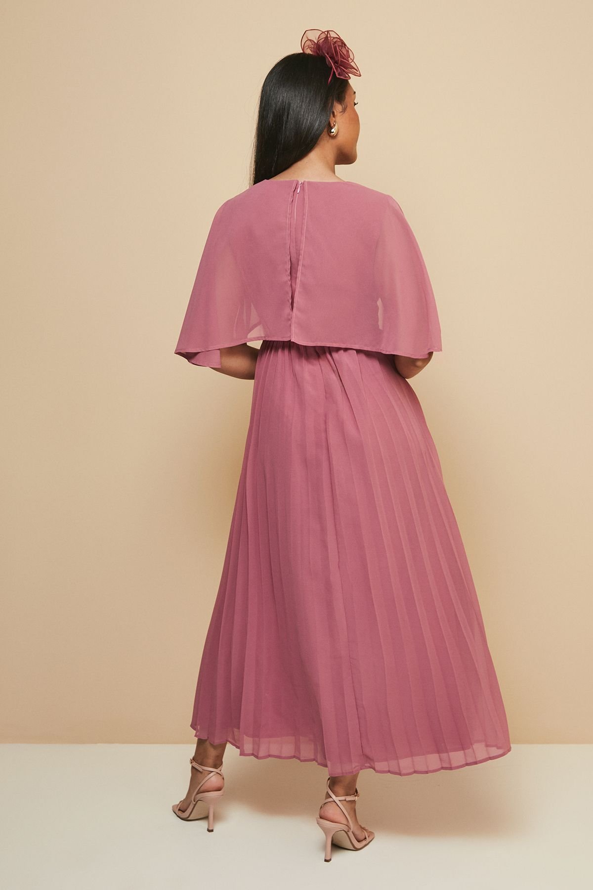 Wallis Wallis Women's Petite Pleated Cape Sleeve Midi Dress in Rose - 4