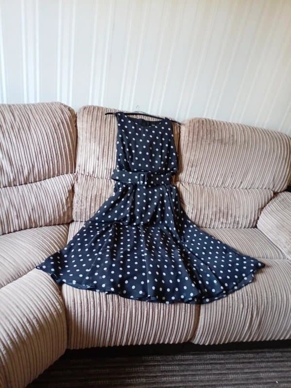 Lorraine Ladies size black polka dot belted smart fit and flare sleeveless dress