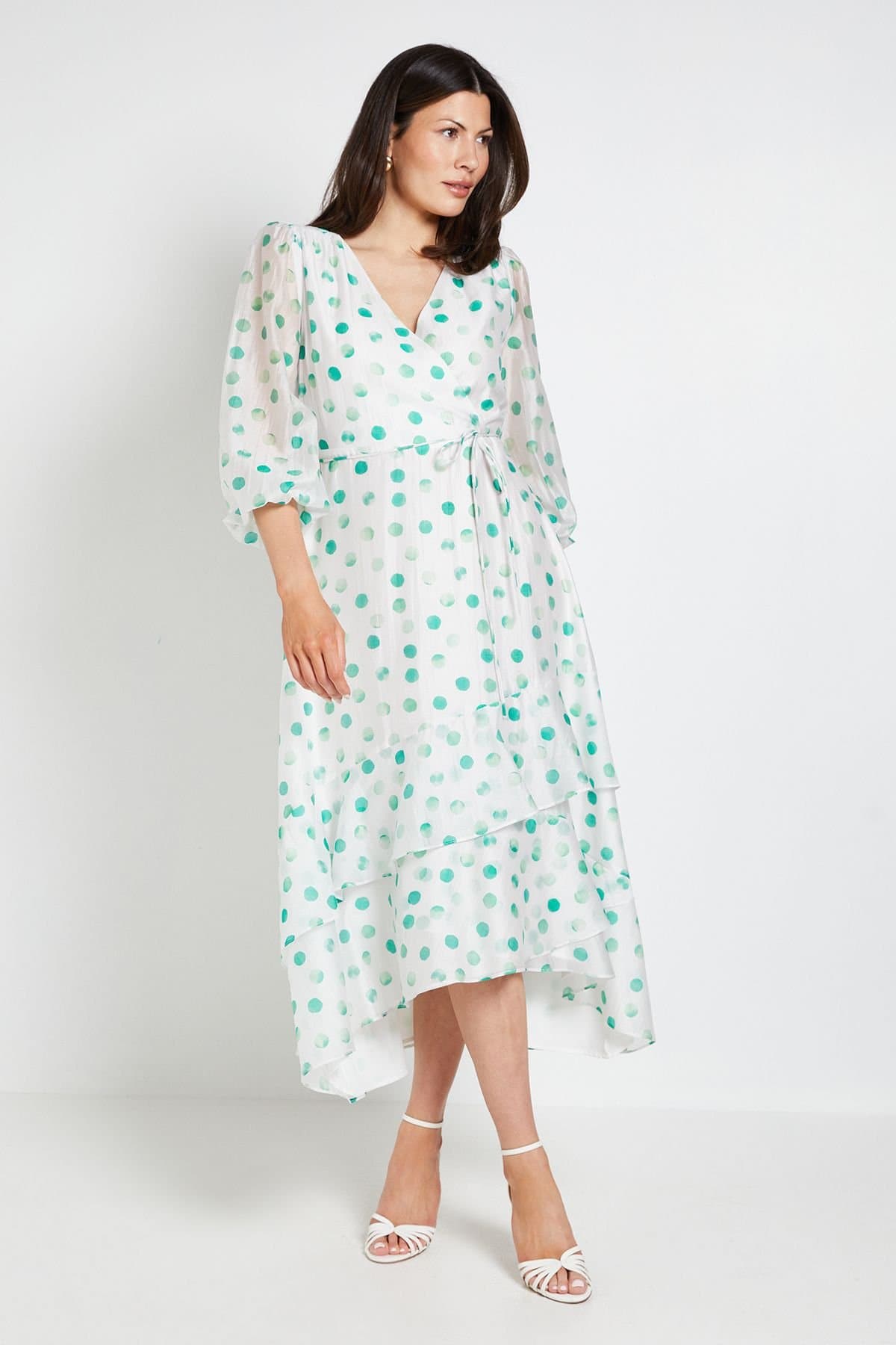 Wallis Wallis Women's Polka Dot Ruffle Wrap Midi Dress in Green