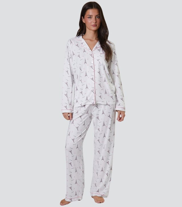 Loungeable Women's White Paris Ooh Lala Print Long Sleeve Top and Trousers Pyjama Set Loungeable New Look - 2