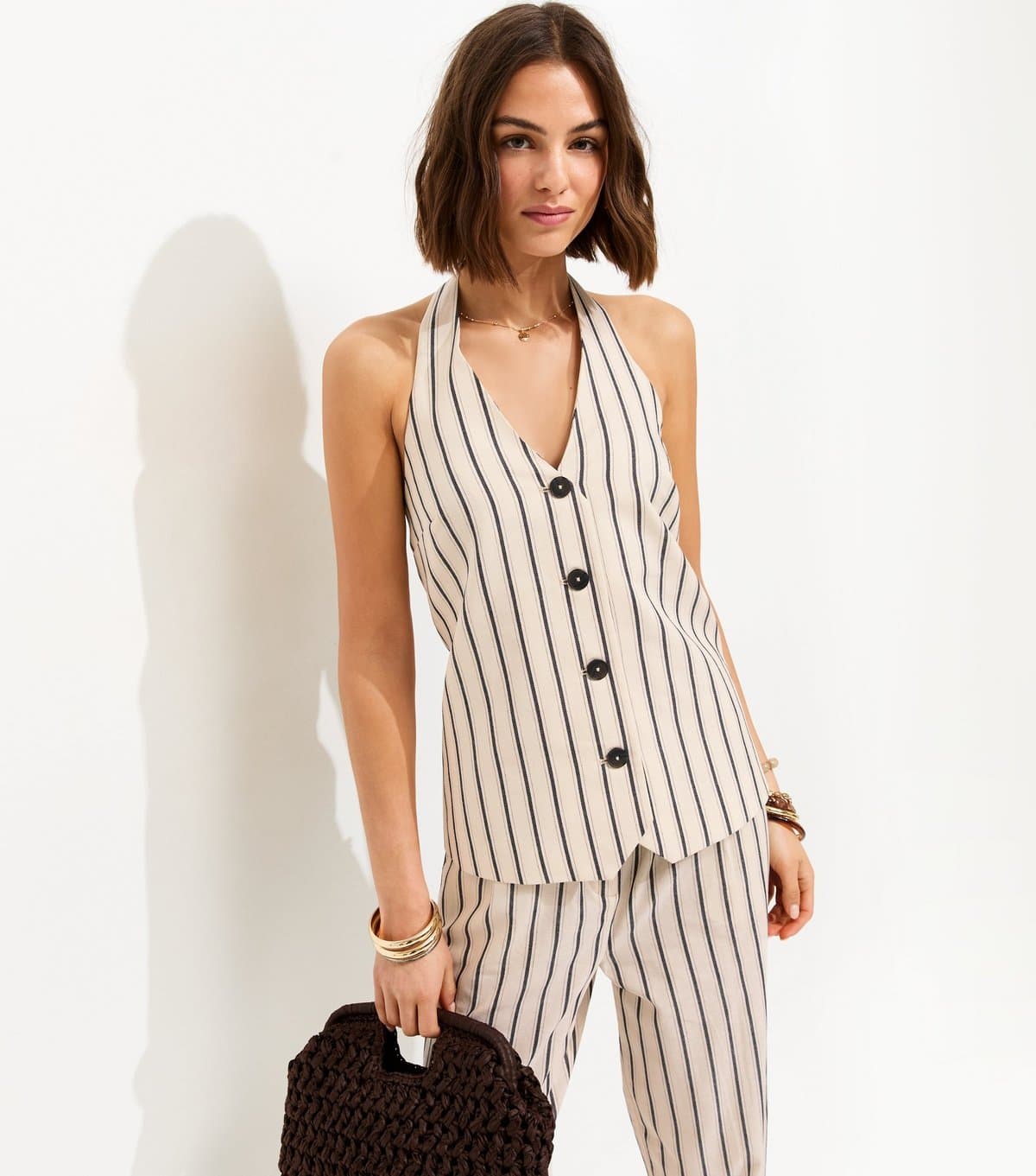 New Look Women's Cream Cotton Stripe Halterneck Waistcoat New Look