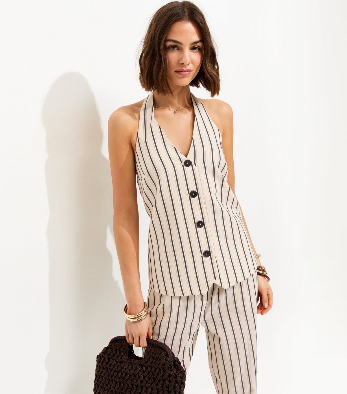 New Look Cream and Black Striped Halterneck Waistcoat