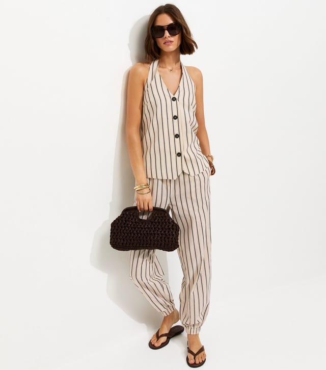 New Look Women's Cream Cotton Stripe Halterneck Waistcoat New Look - 3