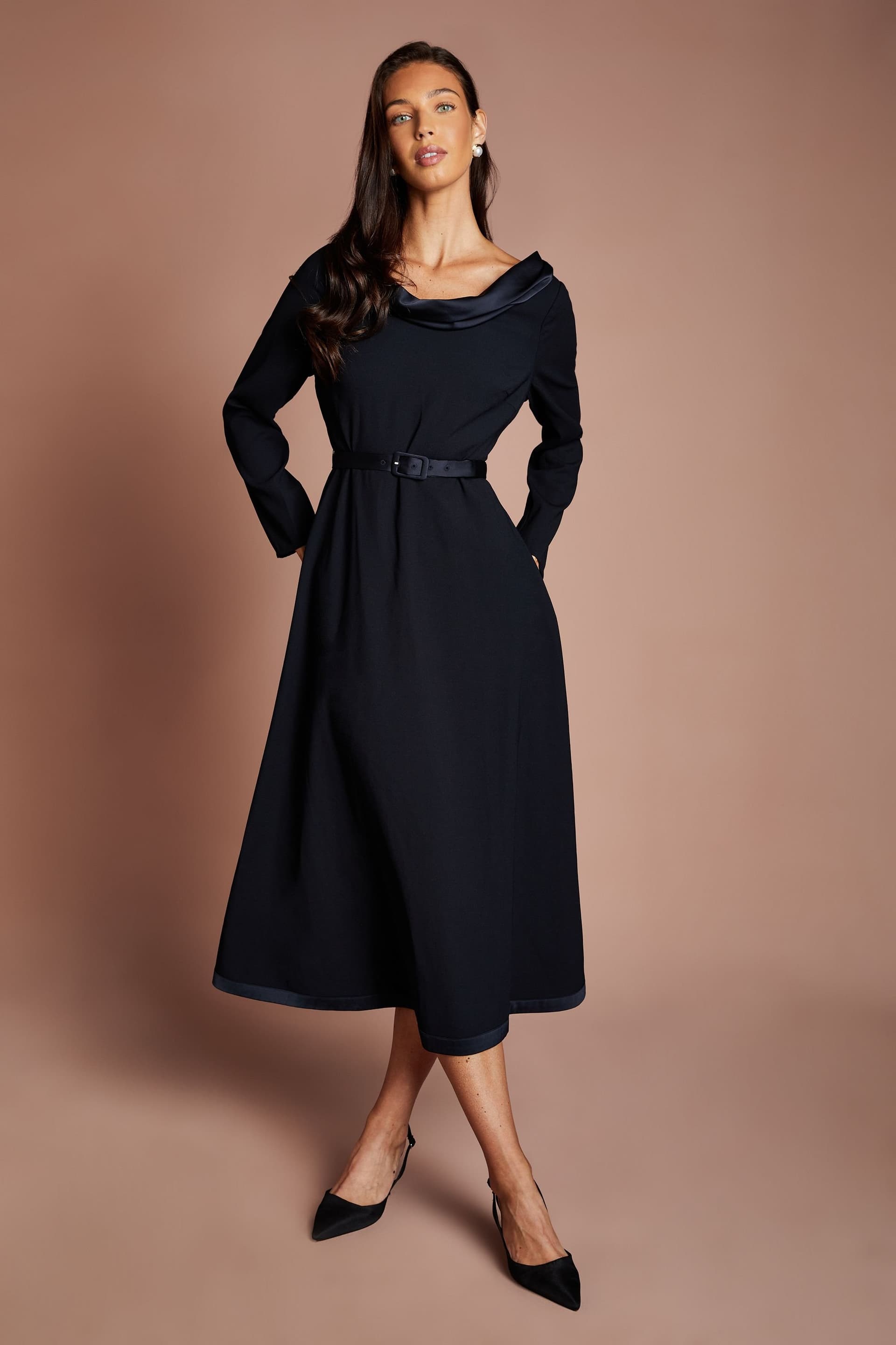 Coast Coast Women's Roll Neck Long Sleeve Crepe Belted Midi Dress in Navy