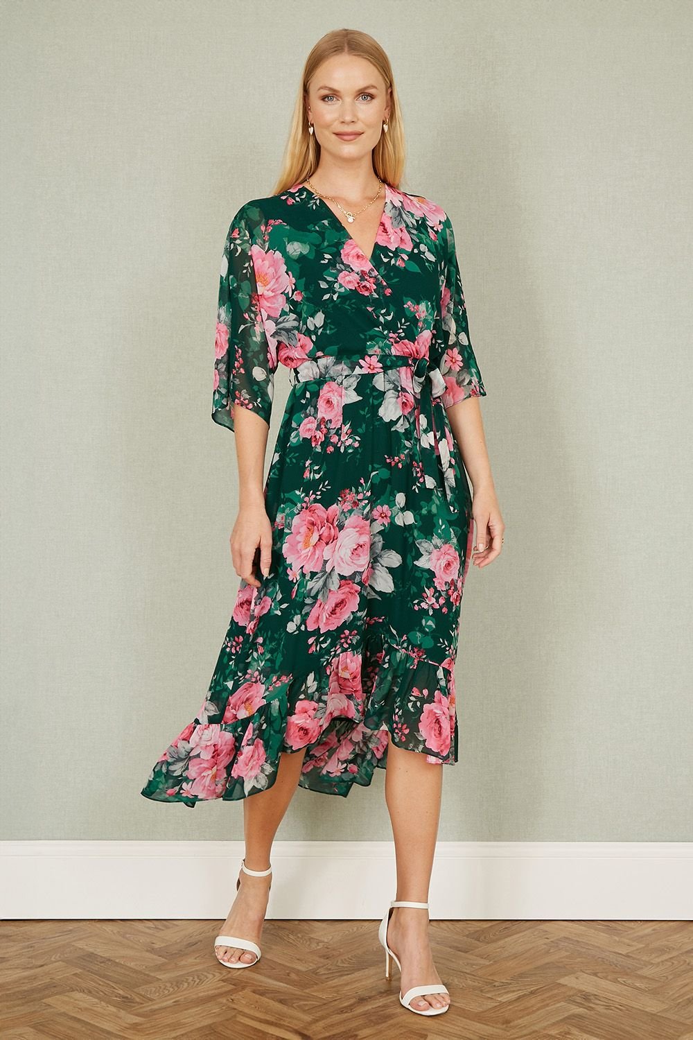 Yumi Yumi Women's Dark Green Kimono Sleeves Midi Dip Hem Wrap Midi Dress - 2