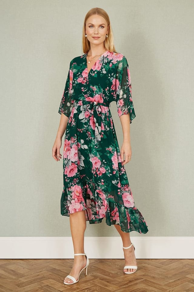 Yumi Yumi Women's Dark Green Kimono Sleeves Midi Dip Hem Wrap Midi Dress - 3