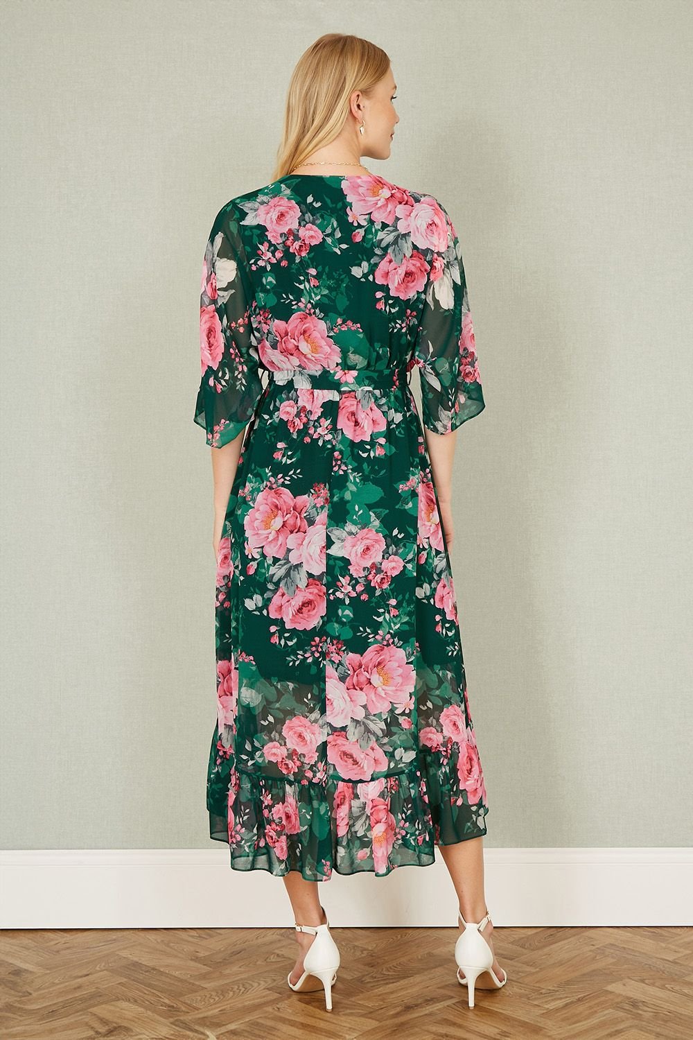 Yumi Yumi Women's Dark Green Kimono Sleeves Midi Dip Hem Wrap Midi Dress - 4