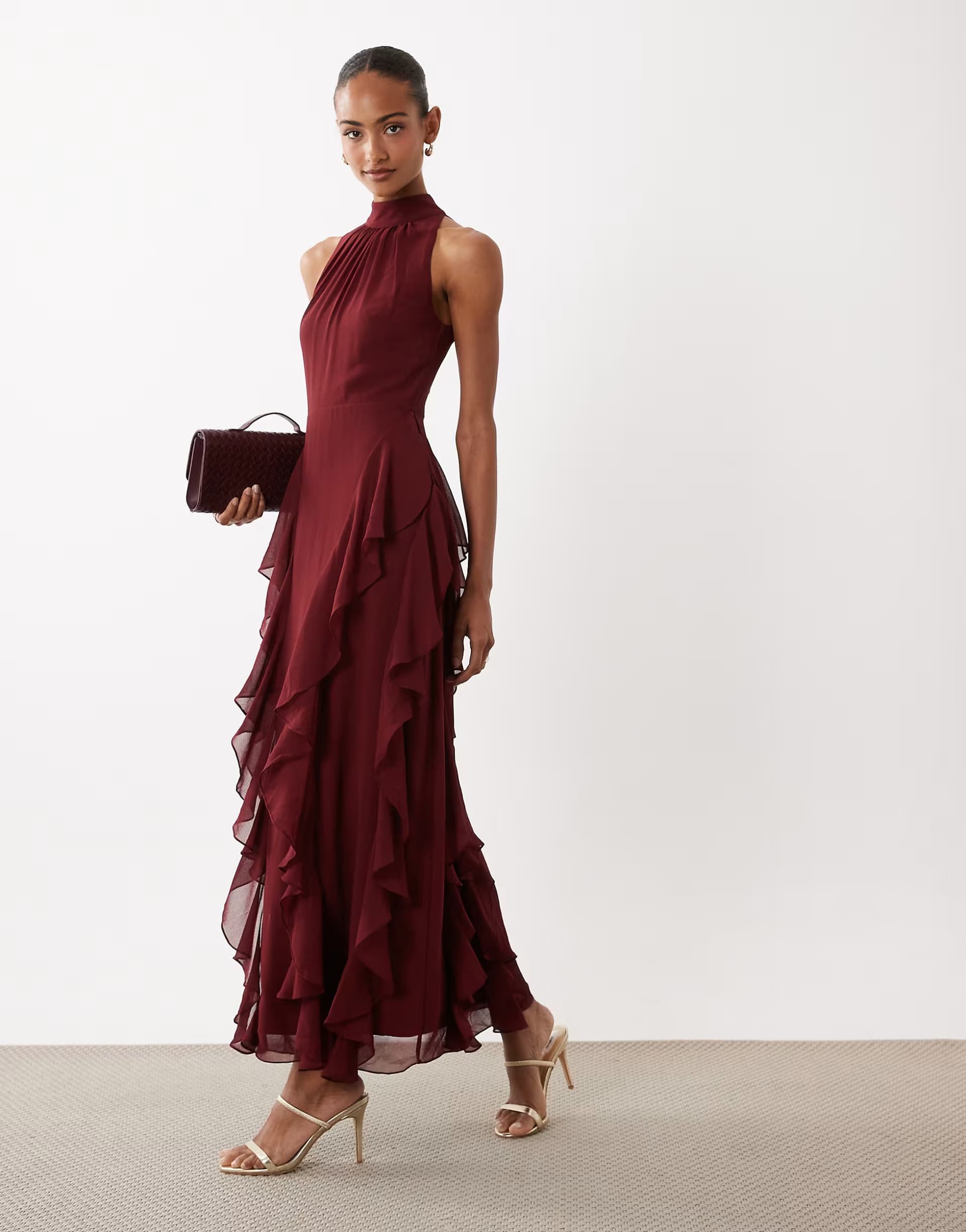 ASOS Lace & Beads high neck backless ruffle maxi dress in burgundy
