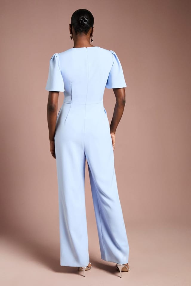 Coast Coast Women's V Neck Short Sleeve Wrap Waist Jumpsuit in Cornflower Blue - 3