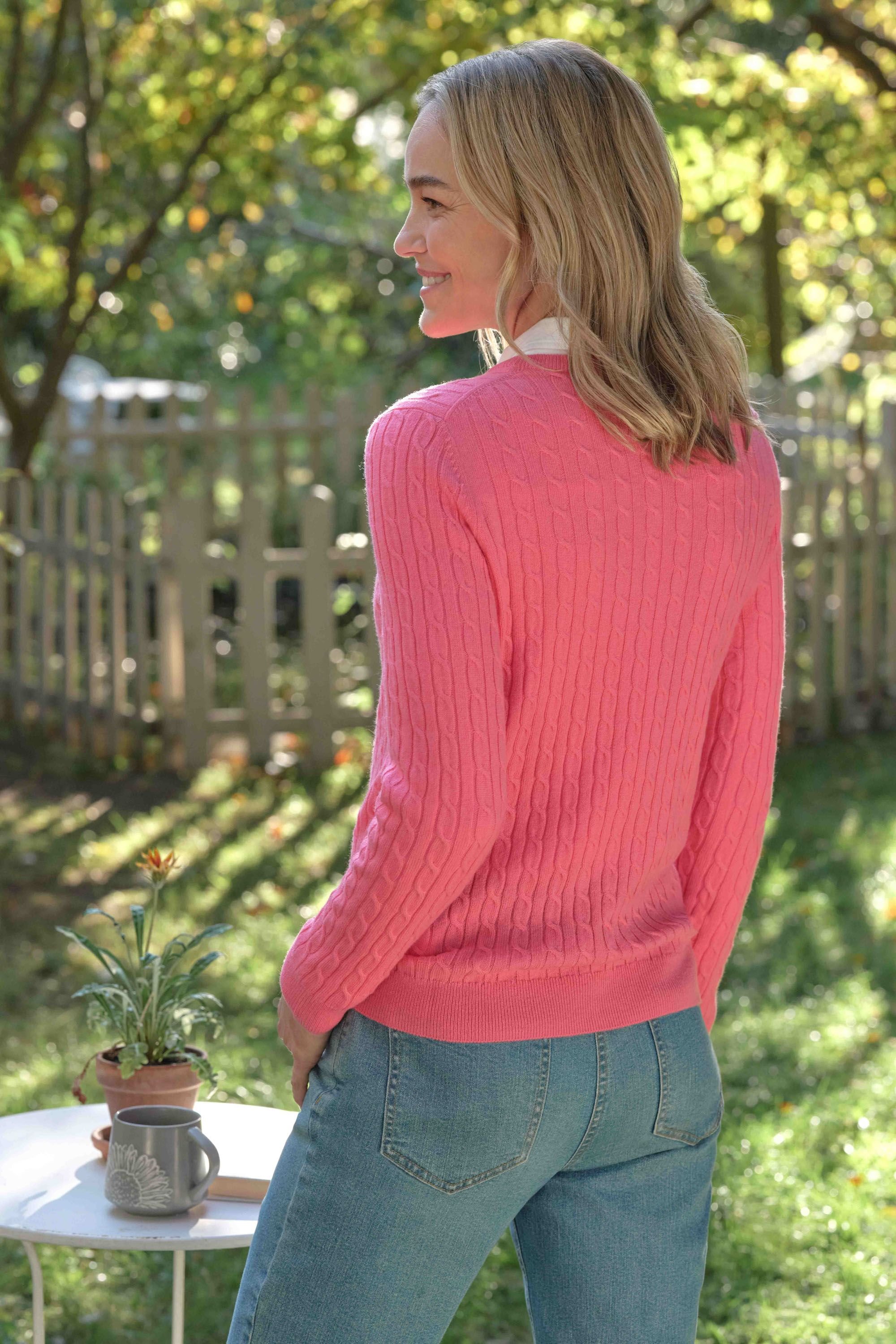 WoolOvers WoolOvers Women's Cashmere Merino Cable Crew Neck Jumper in Bright Pink - 2