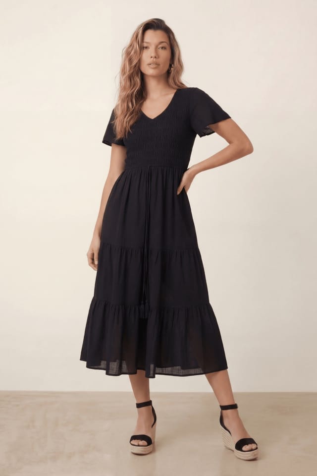 Style Cheat Style Cheat Women's V Neck Shirred Midi Dress in Black - 3