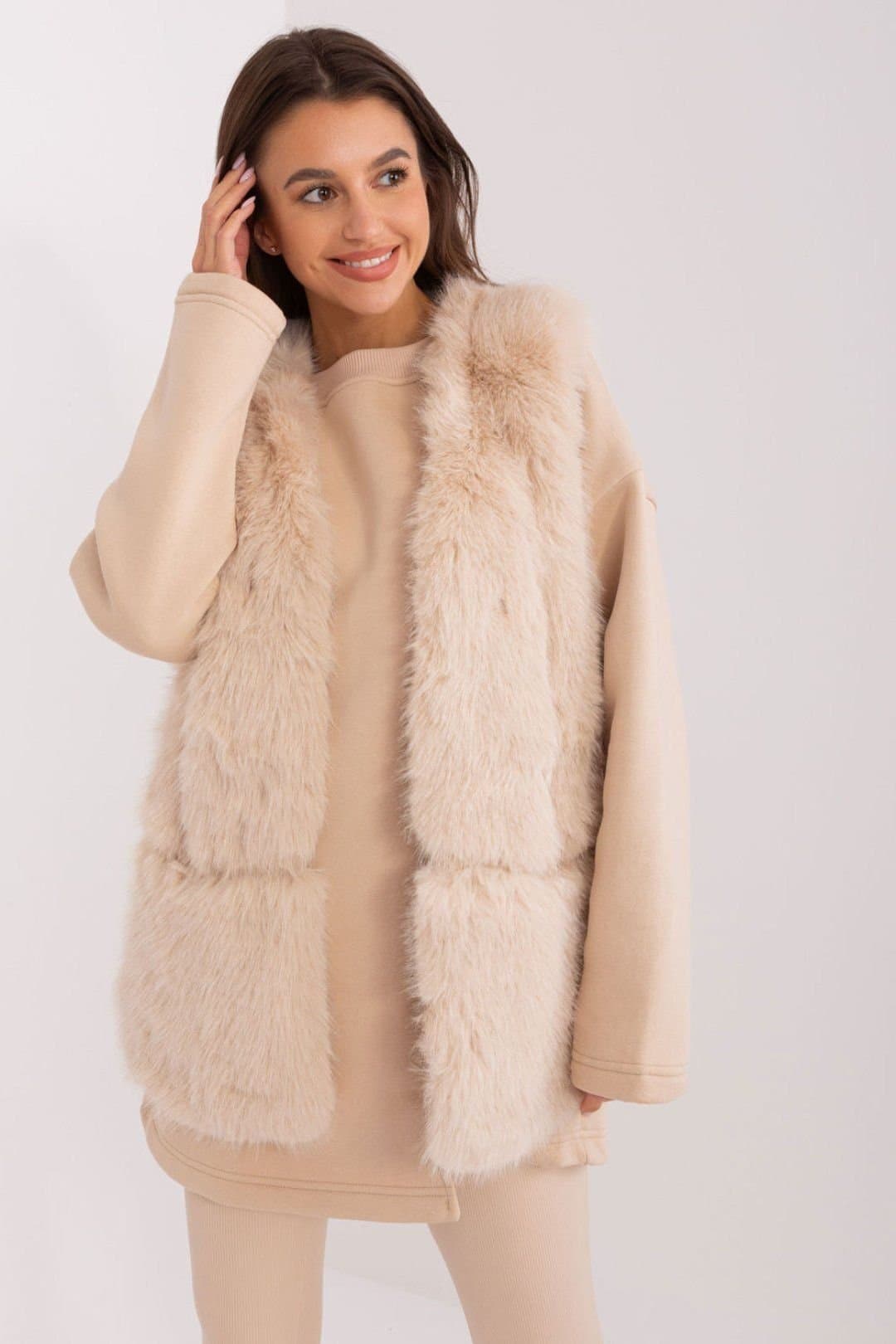 Love Lace Love Lace Women's Soft Polyester Faux Fur Vest with Pockets Style 186707 in Beige