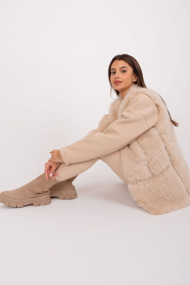 Love Lace Love Lace Women's Soft Polyester Faux Fur Vest with Pockets Style 186707 in Beige - 2