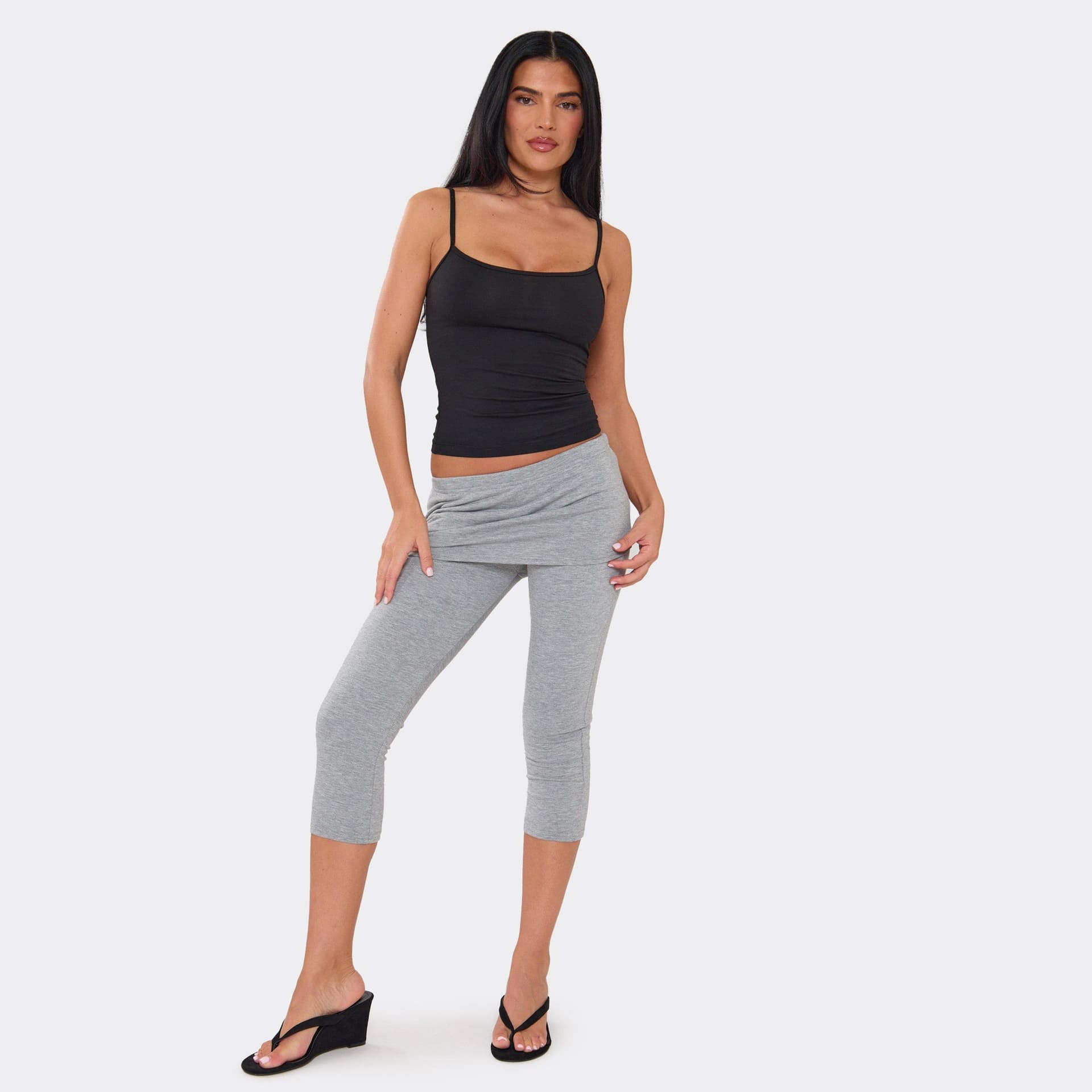 EGO Low Rise Fold Over Waist Detail Fitted Capri Trousers In Grey Jersey, Women's Size UK 6