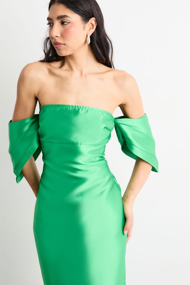 Warehouse Warehouse Women's Structured Puff Sleeve Bardot Midi Dress in Bright Green - 2