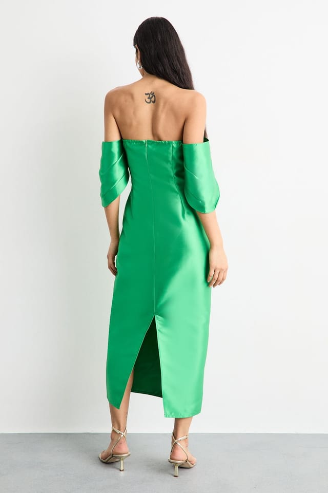 Warehouse Warehouse Women's Structured Puff Sleeve Bardot Midi Dress in Bright Green - 3