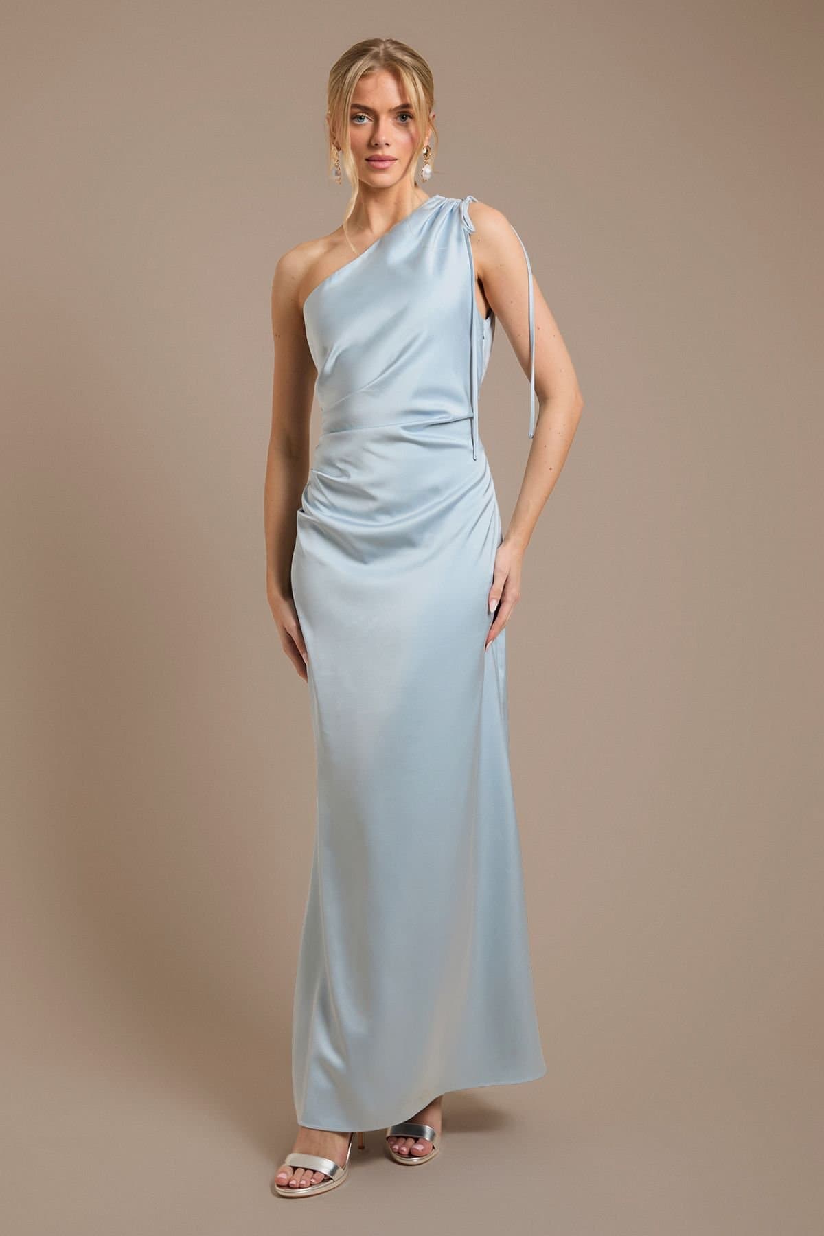 Oasis Oasis Women's Light Blue Ruched Side Detail One Shoulder Satin Maxi Bridesmaid Dress