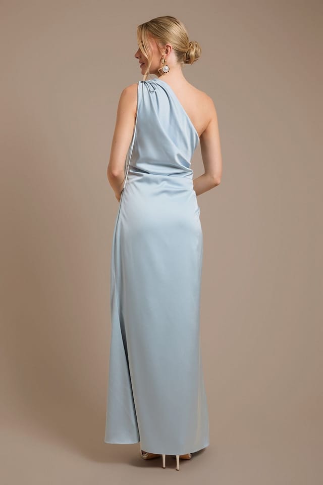 Oasis Oasis Women's Light Blue Ruched Side Detail One Shoulder Satin Maxi Bridesmaid Dress - 3