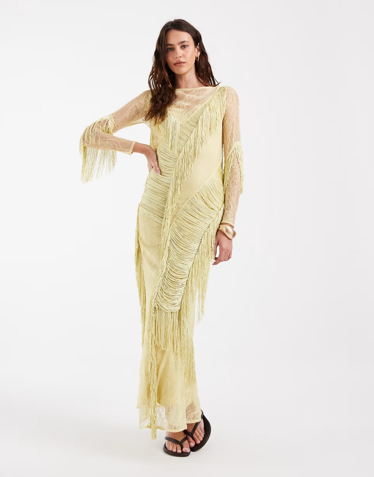 ASOS ASOS DESIGN slash neck lace fringe detail maxi dress with open back in light olive - 1