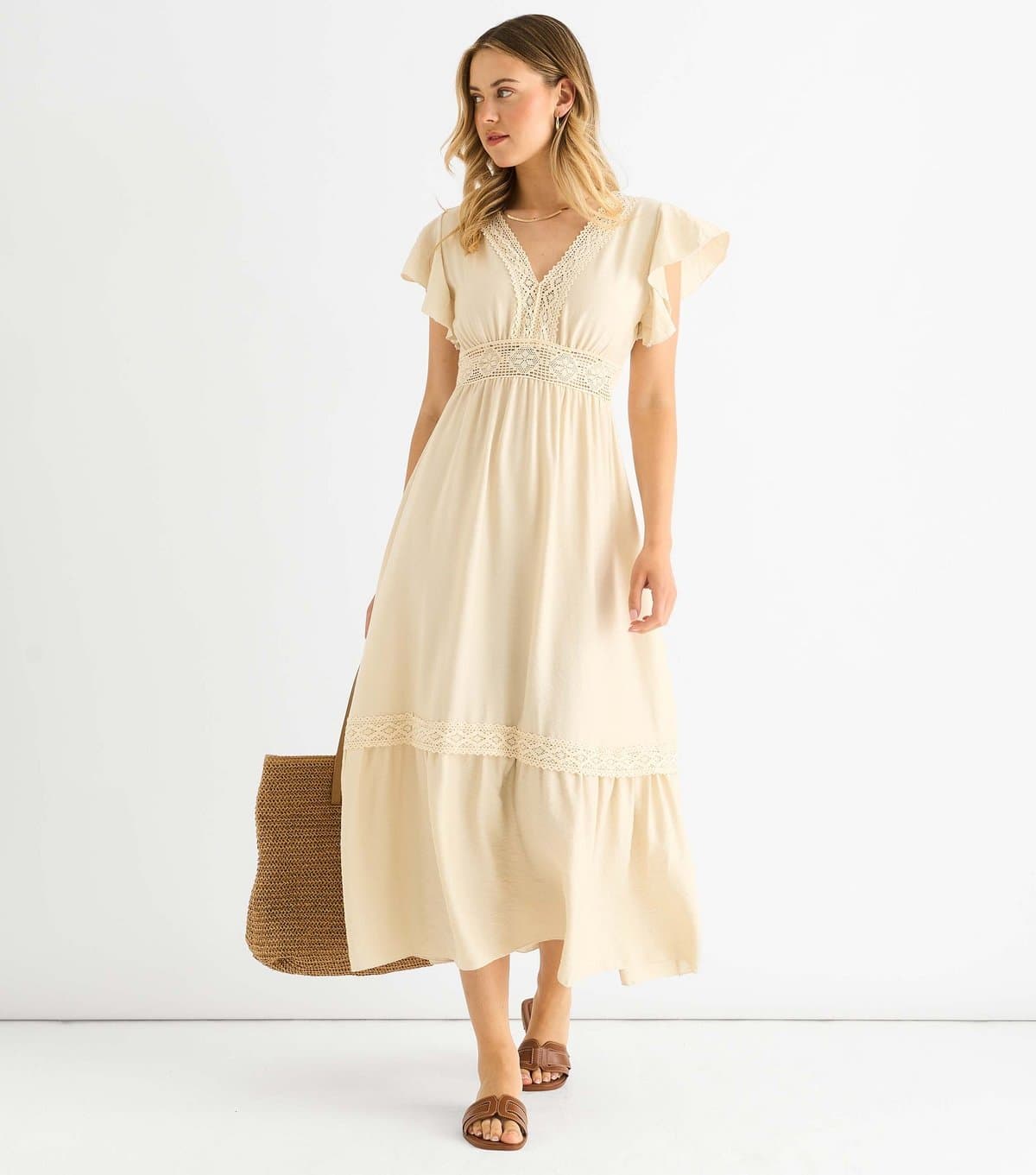 Gini London Gini London Oatmeal Lace Trim Midi Dress