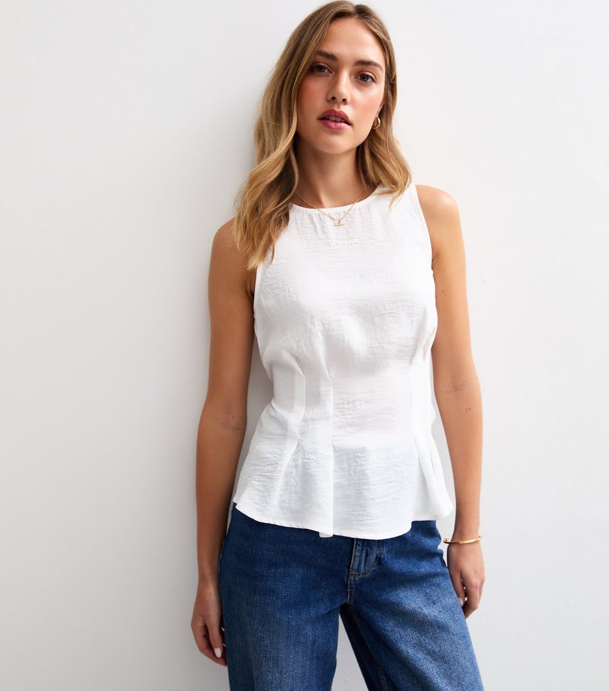 New Look Women's White Crinkle Texture Pleated Waist Peplum Top New Look