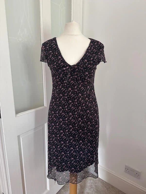 Lipsy Vintage 90s Lipsy Clothing Floral Mesh Midi Dress UK M/L Black Pink Y2K Grunge