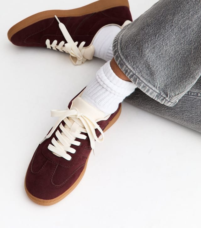 New Look Women's Dark Burgundy Faux Suede Contrast Stripe Trainers Vegan New Look - 2