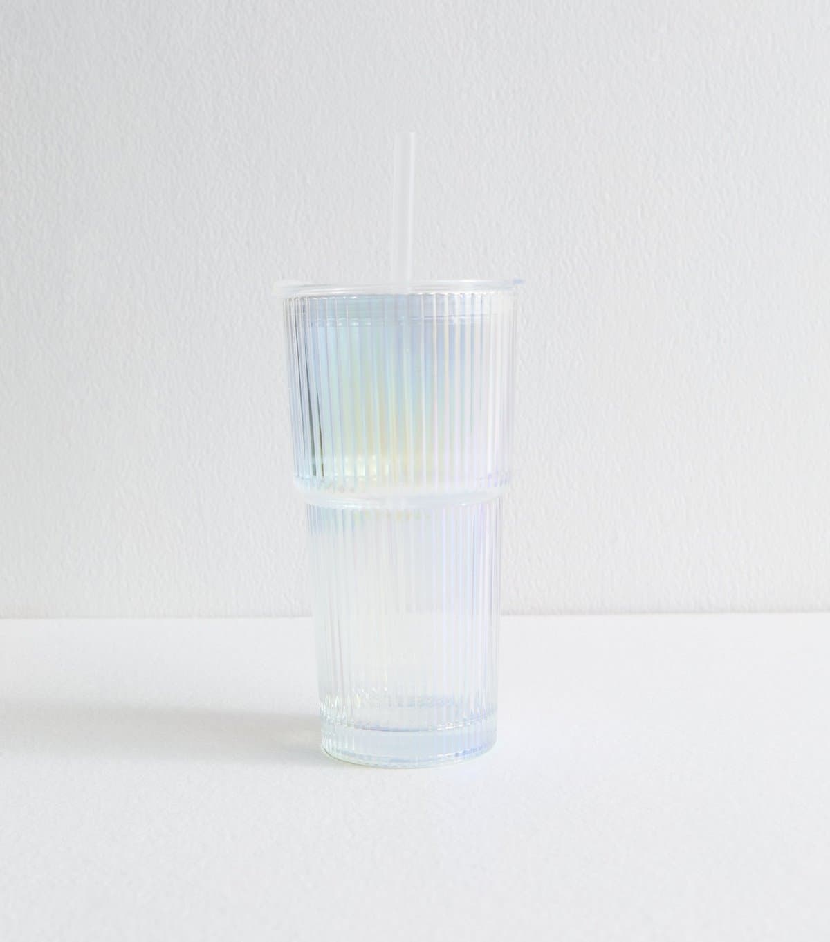 New Look Transparent 600ml Iridescent Large Glass Straw Cup New Look