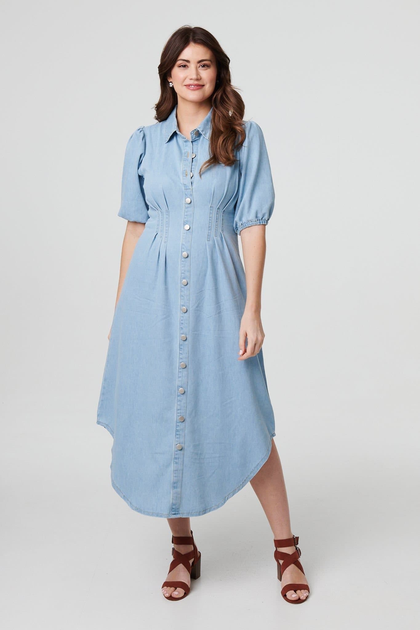 Izabel London Izabel London Women's Denim 1/2 Puff Sleeve Ruched Maxi Shirt Dress in Light Blue