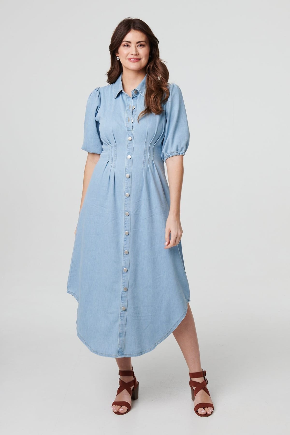 Izabel London Izabel London Women's Denim 1/2 Puff Sleeve Ruched Maxi Shirt Dress in Light Blue - 1