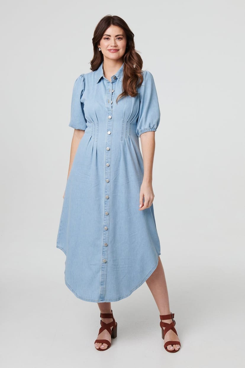 Izabel London Izabel London Women's Denim 1/2 Puff Sleeve Ruched Maxi Shirt Dress in Light Blue - 1