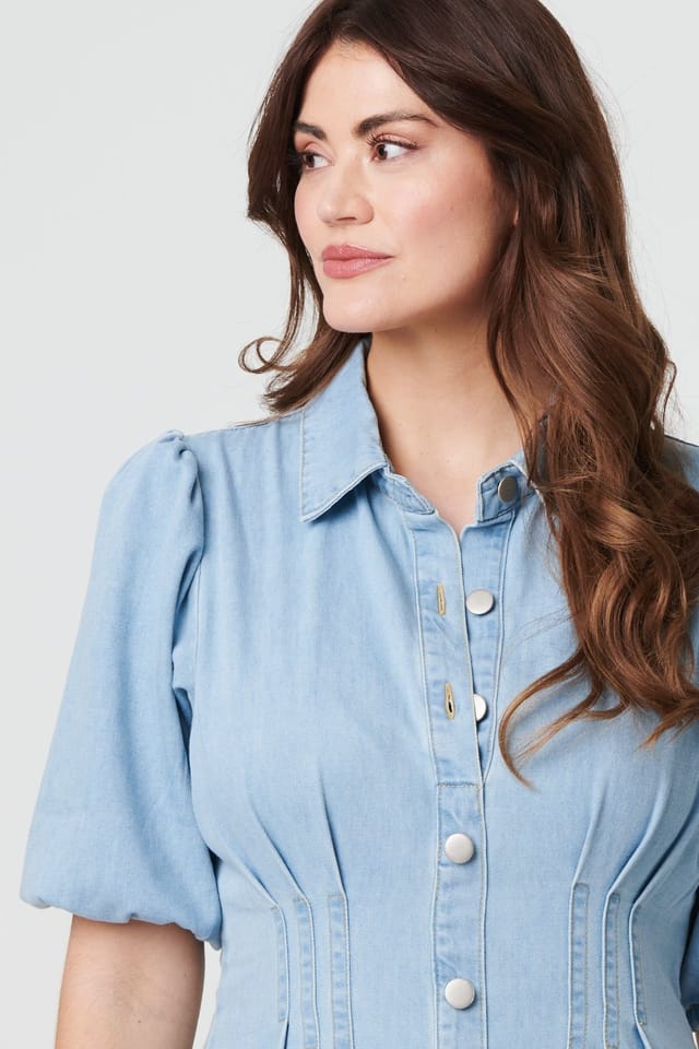 Izabel London Izabel London Women's Denim 1/2 Puff Sleeve Ruched Maxi Shirt Dress in Light Blue - 2