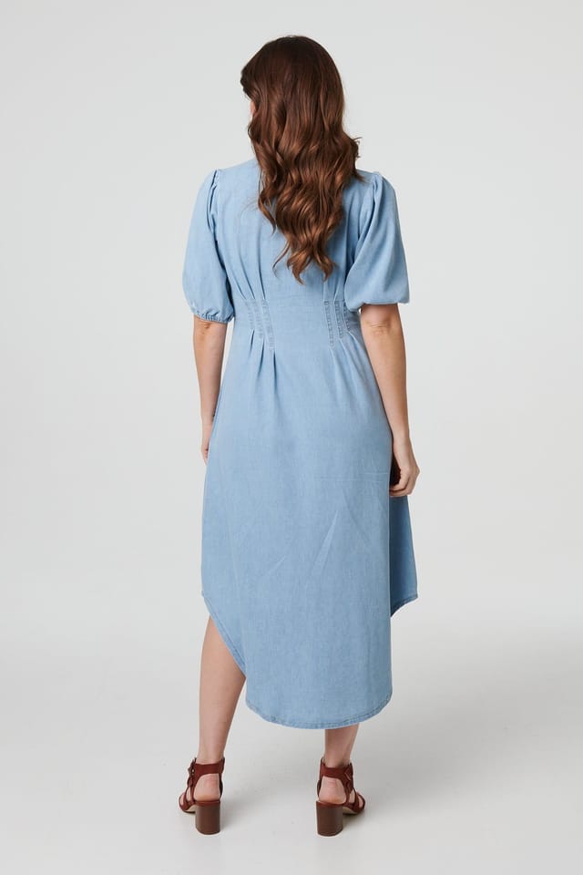 Izabel London Izabel London Women's Denim 1/2 Puff Sleeve Ruched Maxi Shirt Dress in Light Blue - 3
