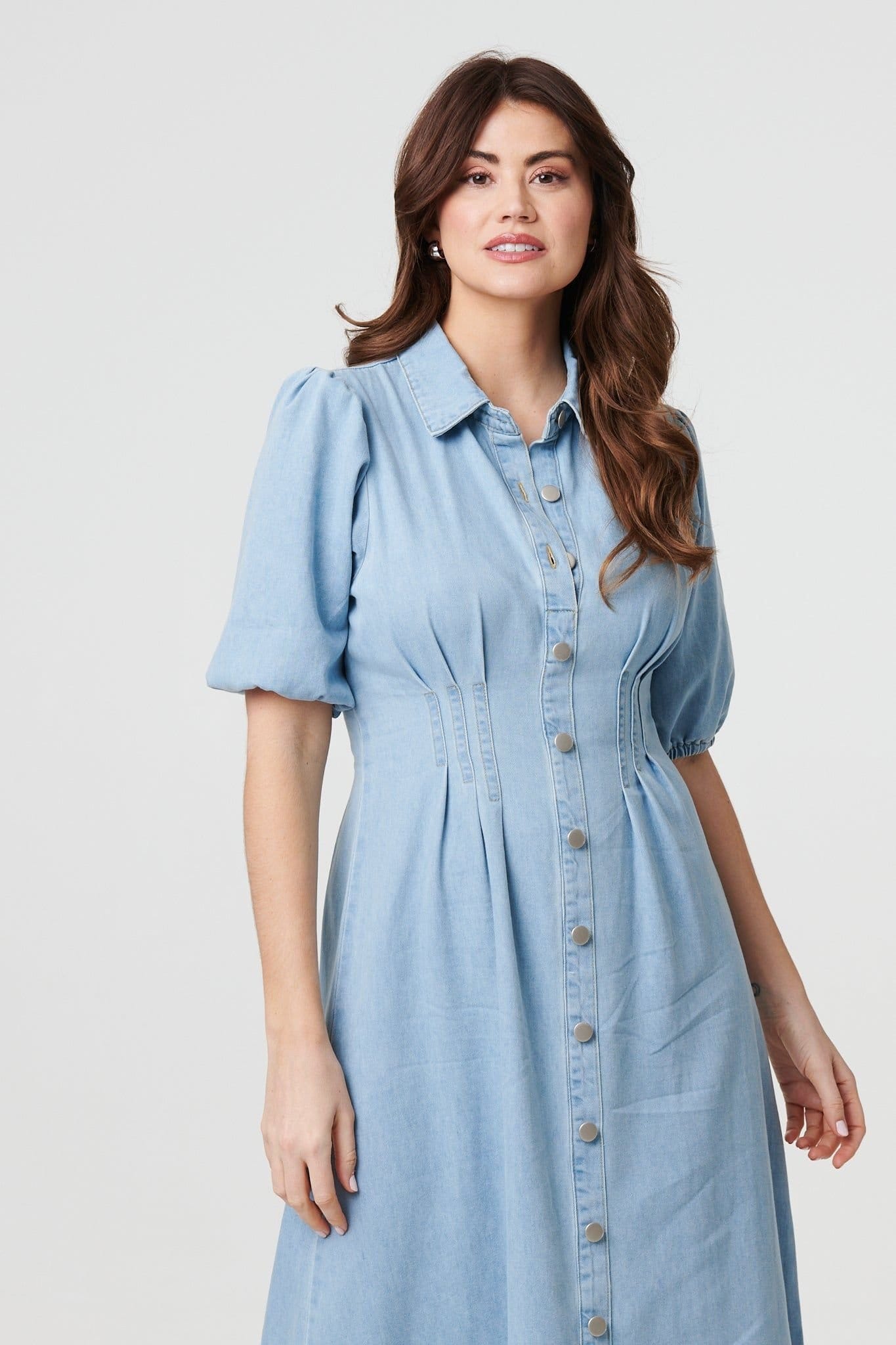 Izabel London Izabel London Women's Denim 1/2 Puff Sleeve Ruched Maxi Shirt Dress in Light Blue - 4
