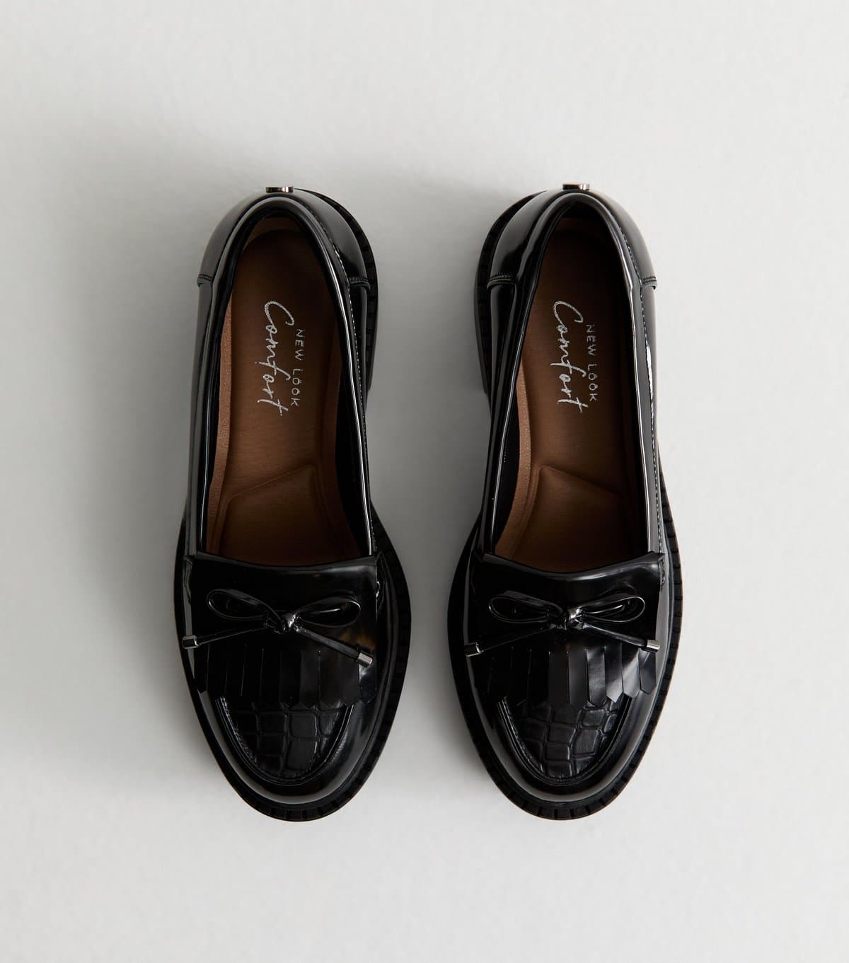 New Look Women's Wide Fit Black Faux Leather Bow Trim Loafers Vegan New Look
