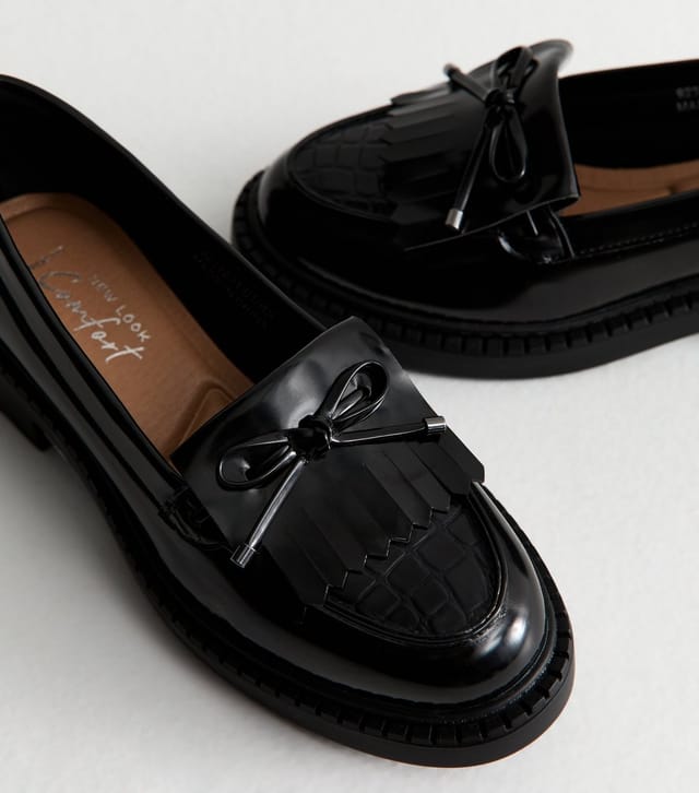 New Look Women's Wide Fit Black Faux Leather Bow Trim Loafers Vegan New Look - 3