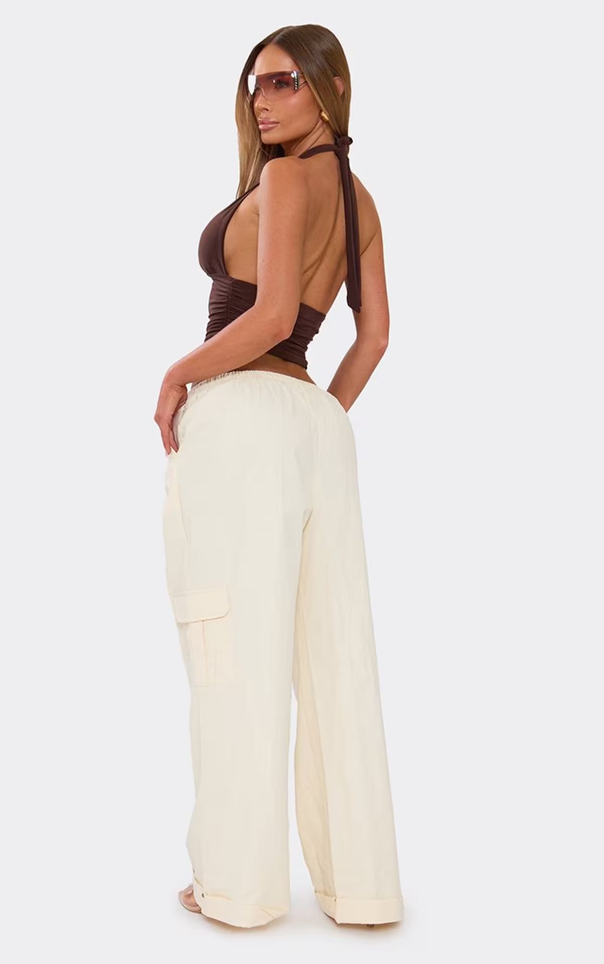 EGO Cream Low Rise Wide Leg Cargo Trousers