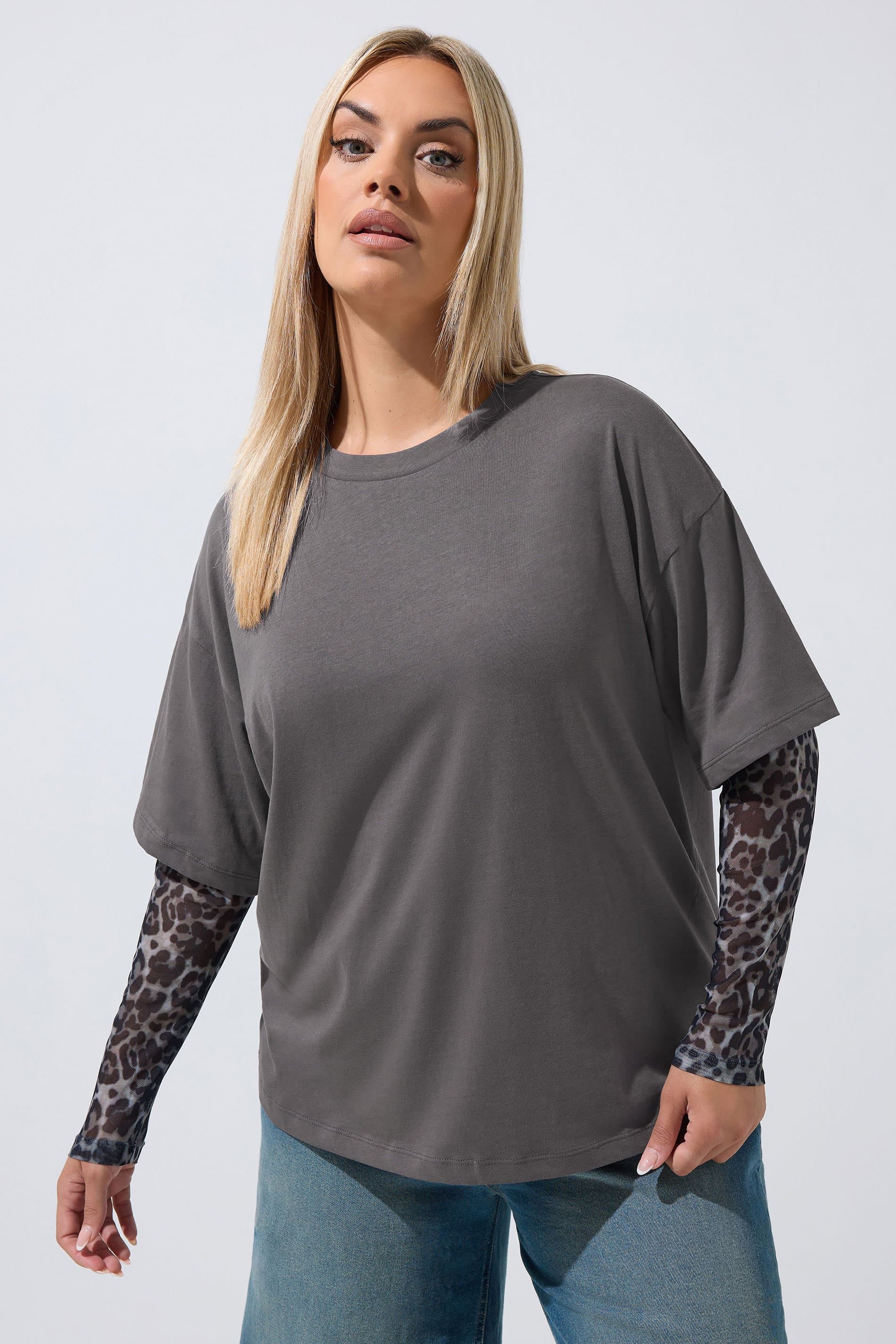 Limited Collection Plus Size Grey 2In1 Leopard Mesh Sleeve Tee