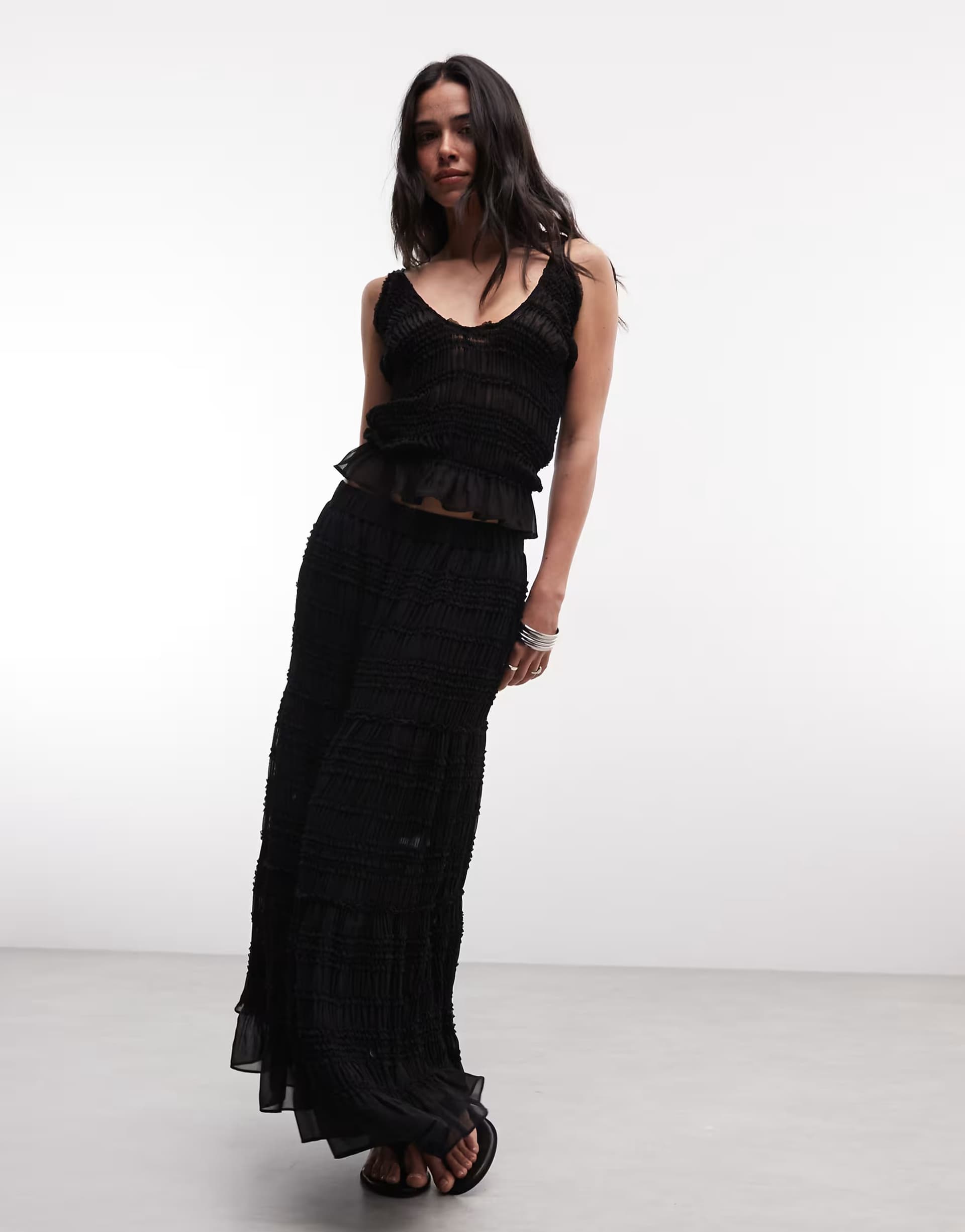 ASOS AllSaints Lotus co-ord ruffle mesh midi skirt in black