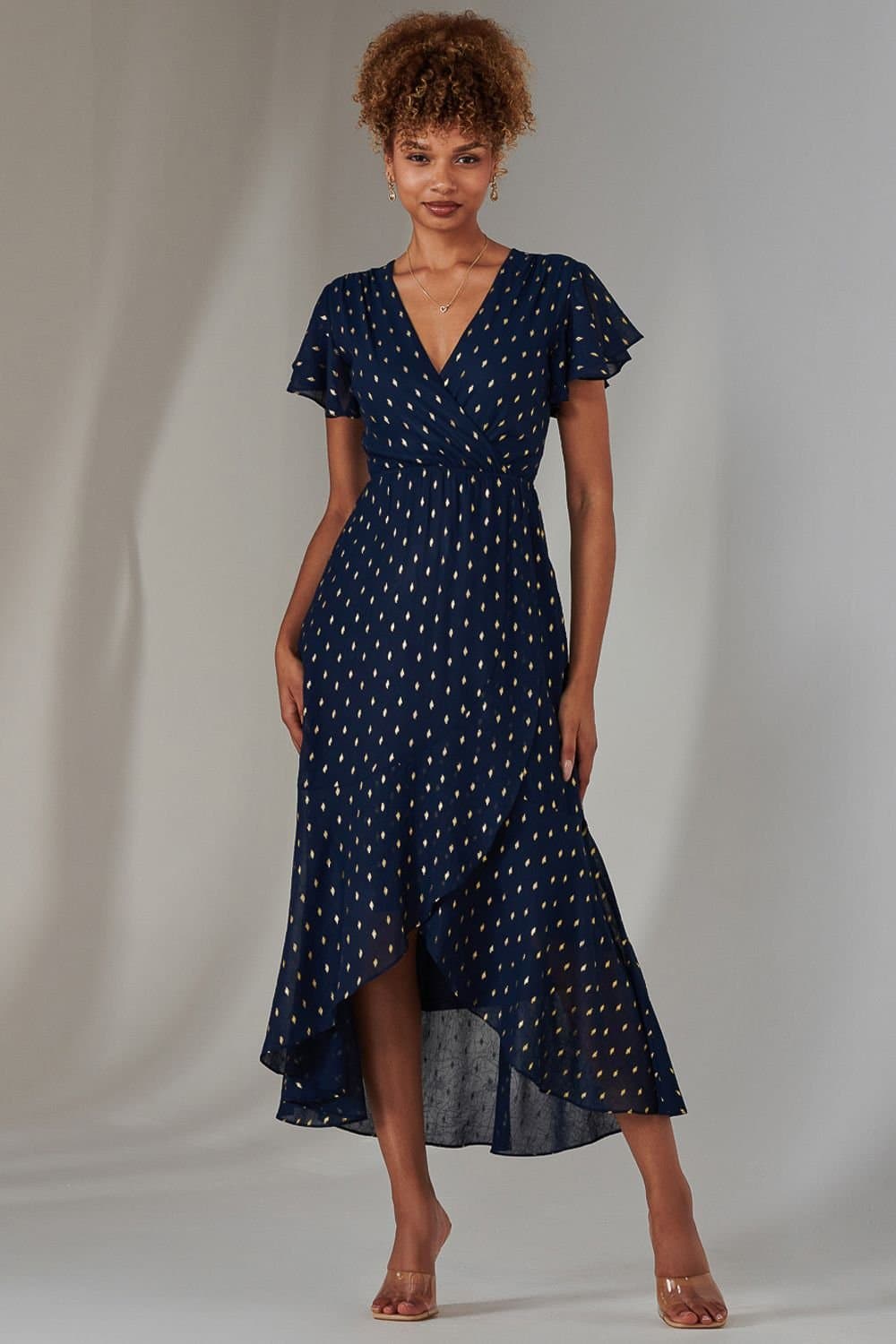 Jolie Moi Jolie Moi Women's Metallic Spot Textured Chiffon Maxi Dres in Navy