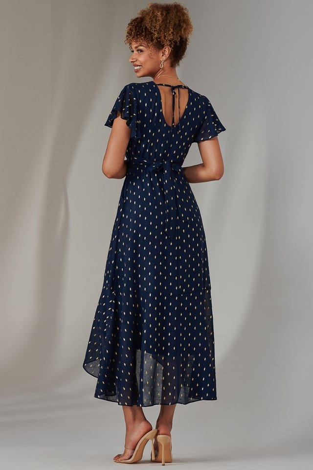 Jolie Moi Jolie Moi Women's Metallic Spot Textured Chiffon Maxi Dres in Navy - 2