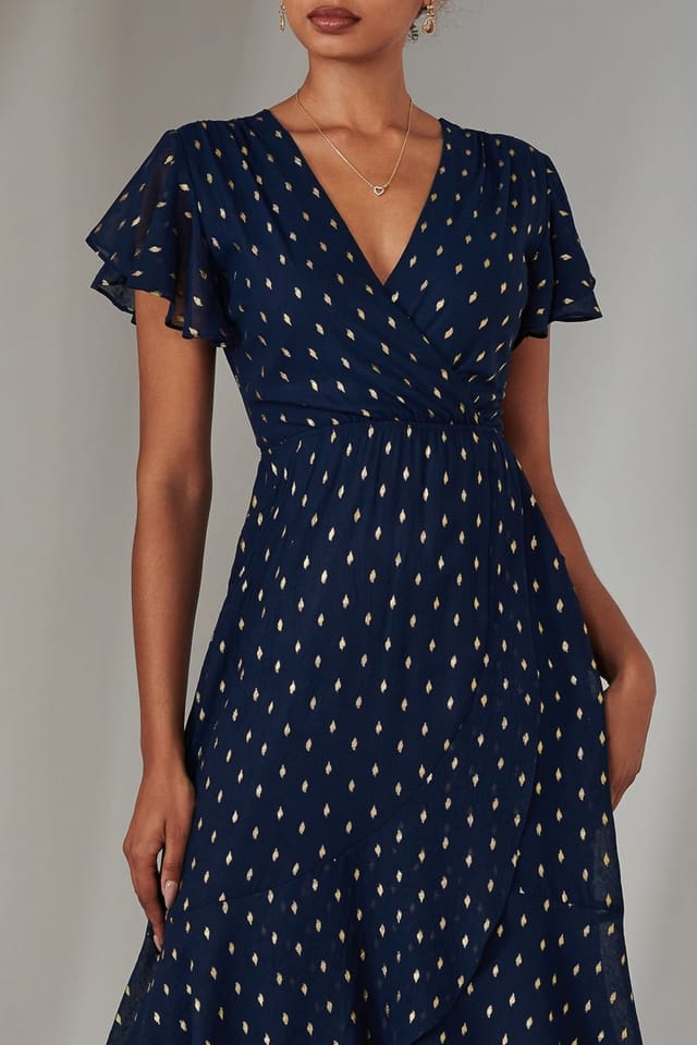 Jolie Moi Jolie Moi Women's Metallic Spot Textured Chiffon Maxi Dres in Navy - 3