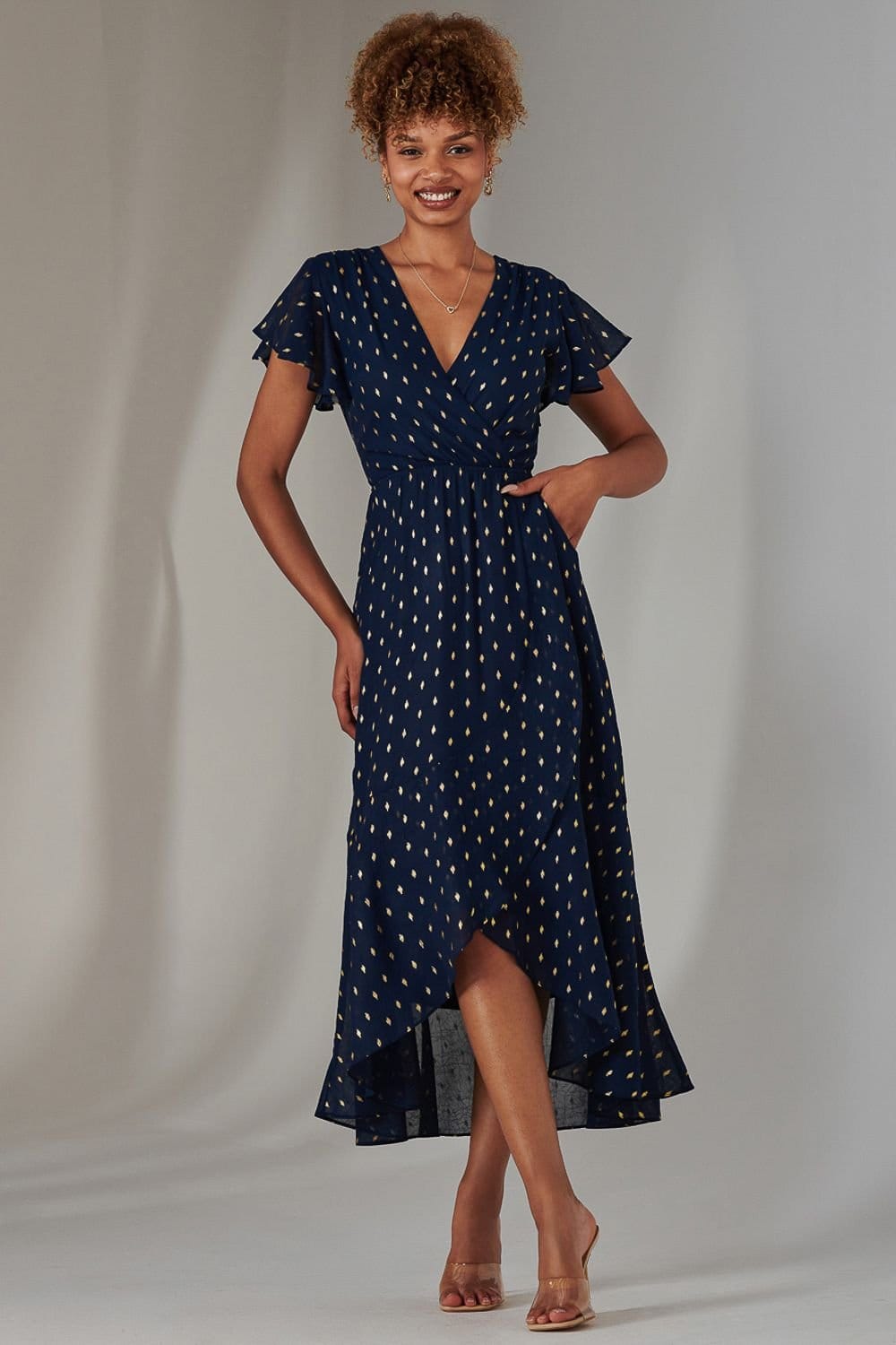 Jolie Moi Jolie Moi Women's Metallic Spot Textured Chiffon Maxi Dres in Navy - 4