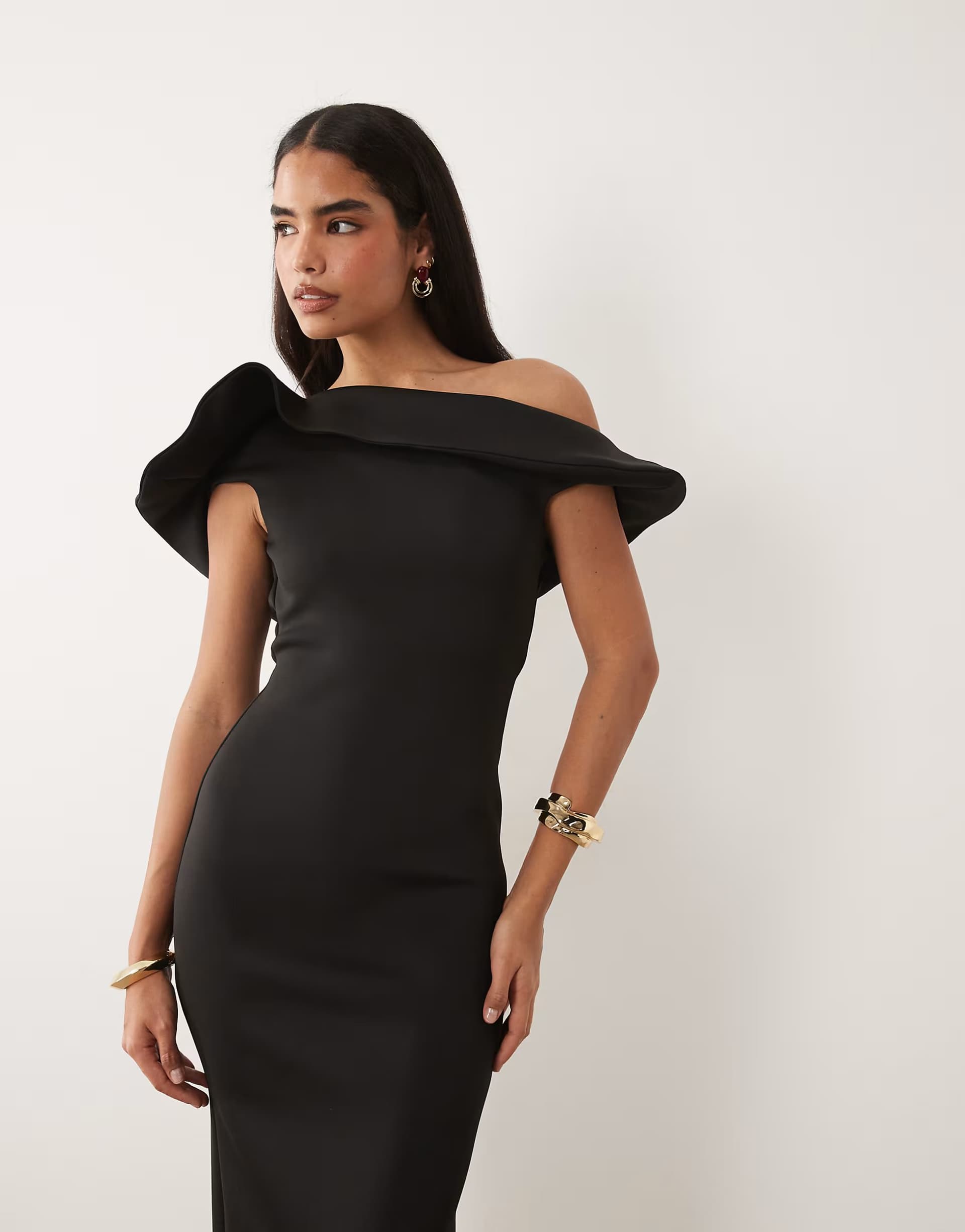 ASOS ASOS DESIGN twist bardot midi dress with corsage back detail in black scuba-style fabric