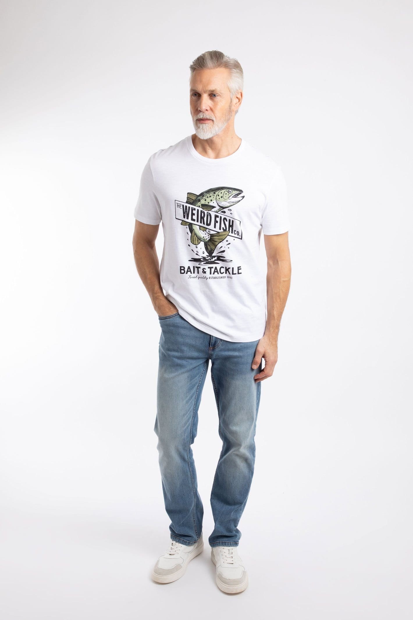 Weird Fish Weird Fish Men's Bait & Tackle Front Print Graphic T-Shirt in White - 4