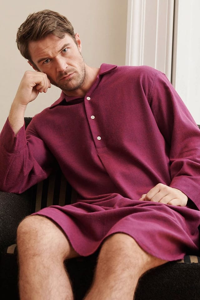 British Boxers British Boxers Men's 'Cahors' Herringbone Brushed Cotton Nightshirt in Burgundy - 2