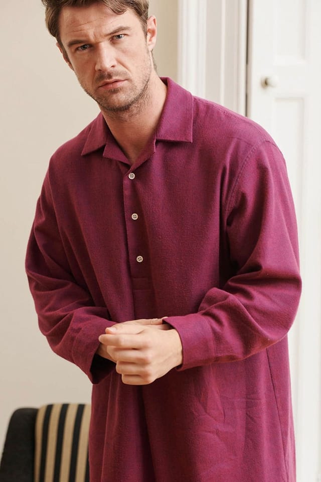 British Boxers British Boxers Men's 'Cahors' Herringbone Brushed Cotton Nightshirt in Burgundy - 3