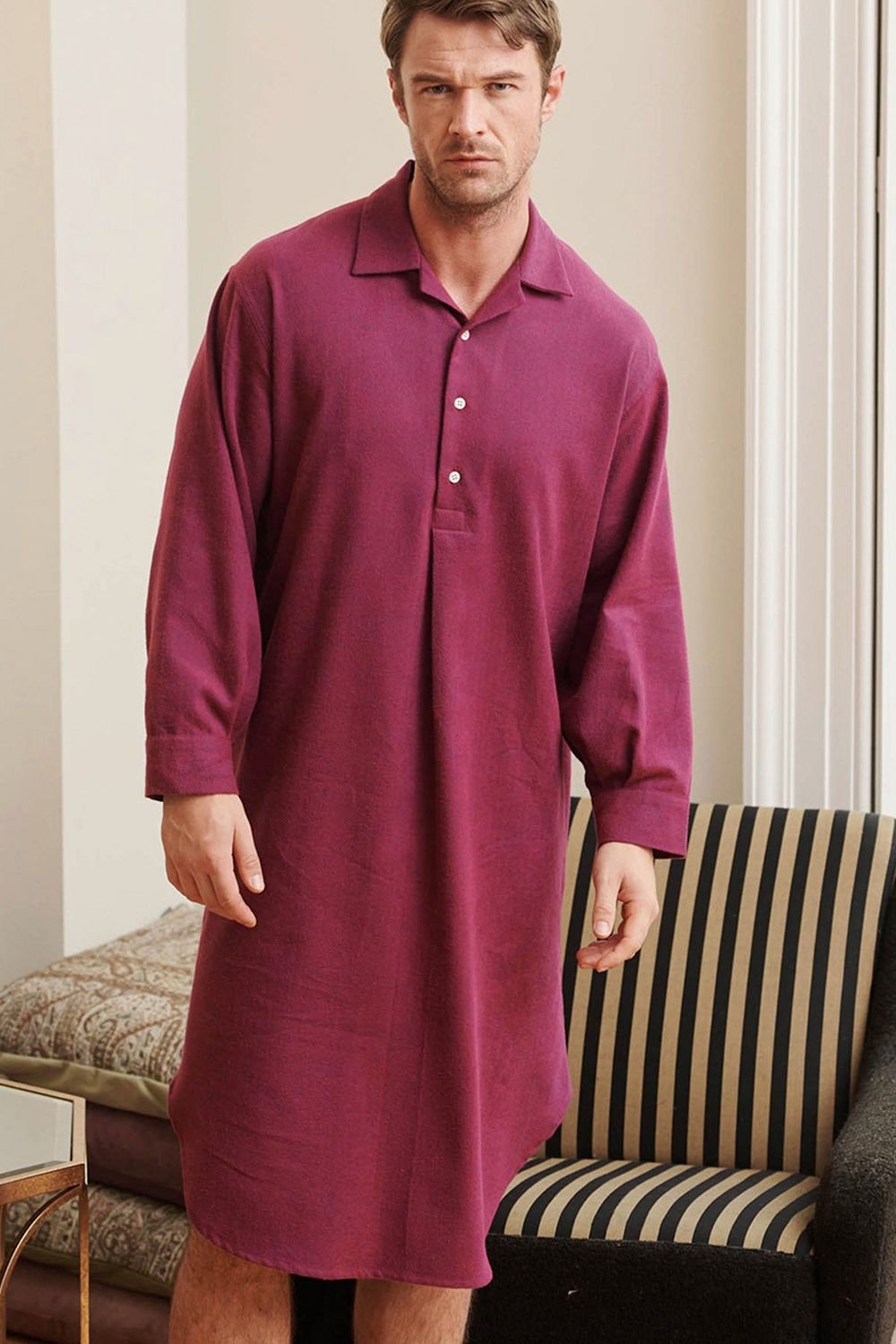 British Boxers British Boxers Men's 'Cahors' Herringbone Brushed Cotton Nightshirt in Burgundy - 4
